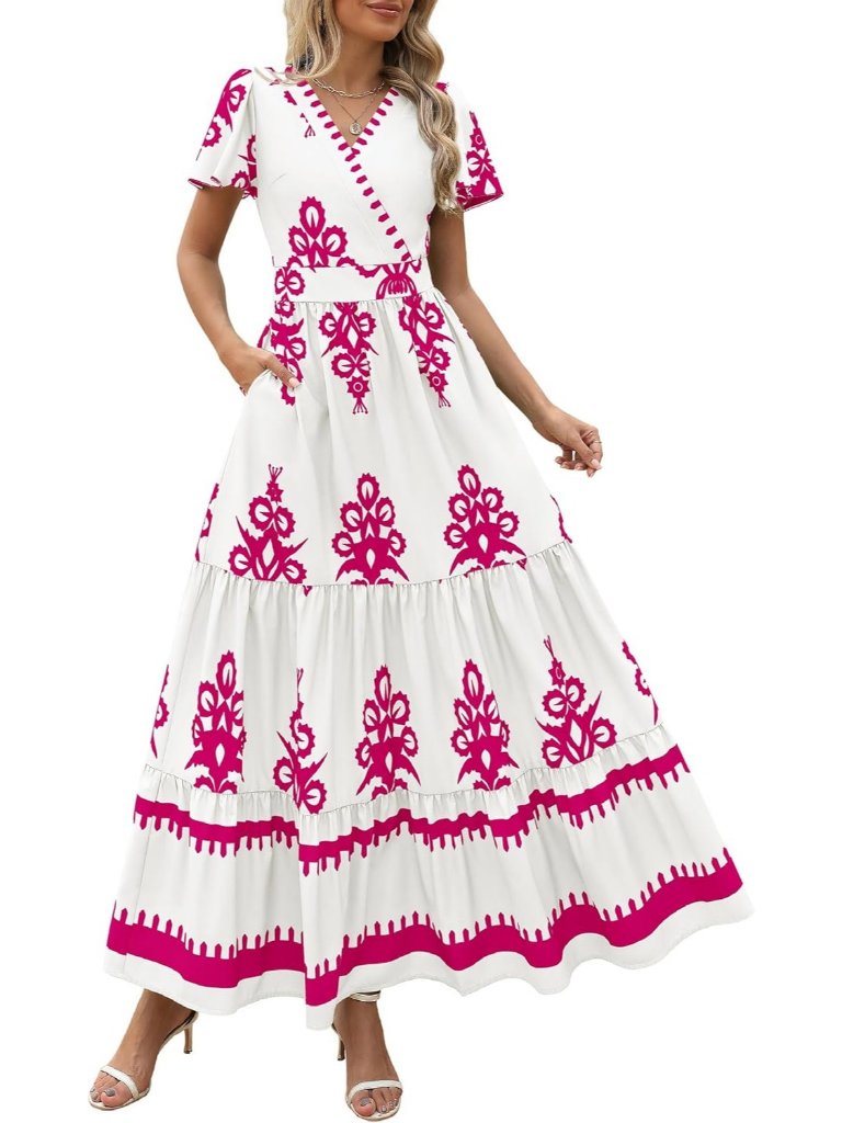 Women's Floral White Rose Red Boho Maxi V Neck Bell Sleeve Flowy Dress W/Pockets